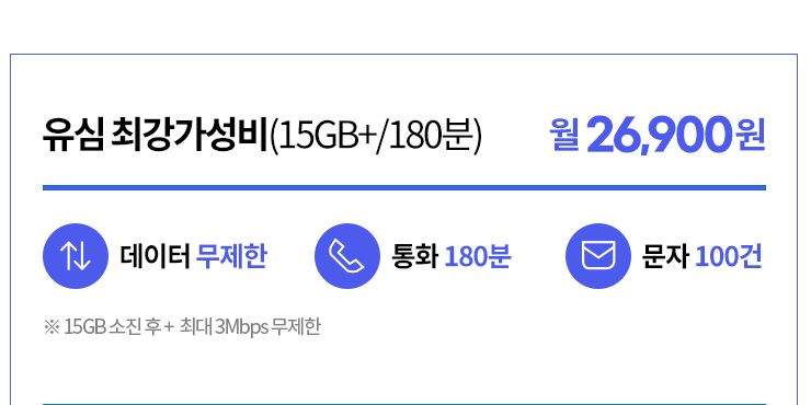 유심 최강가성비(15GB+/180분) 월26,900원