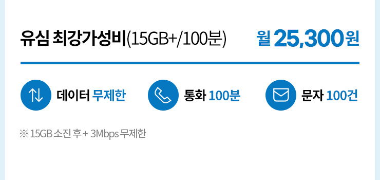 유심 최강가성비(15GB+/100분/100건) 월 25,300원
