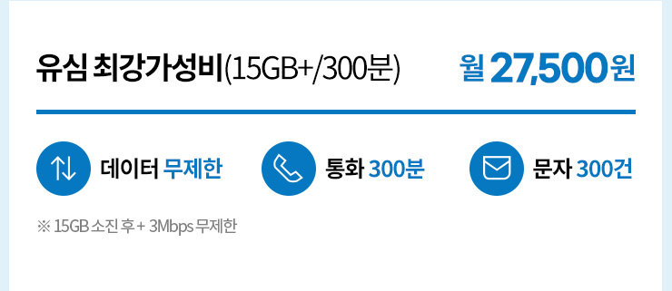 유심 최강가성비(15GB+/300분/300건) 월 27,500원