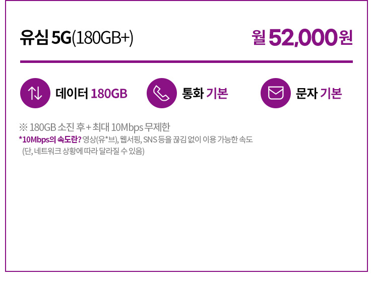유심 5G(180GB+) 52,000원