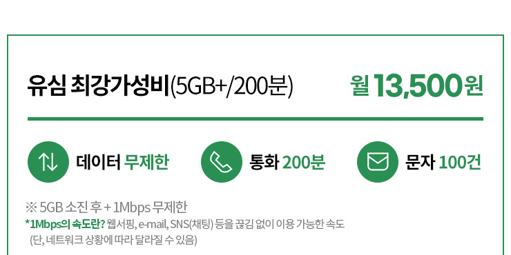 유심 최강가성비(5GB+/200분) 월 13,500원